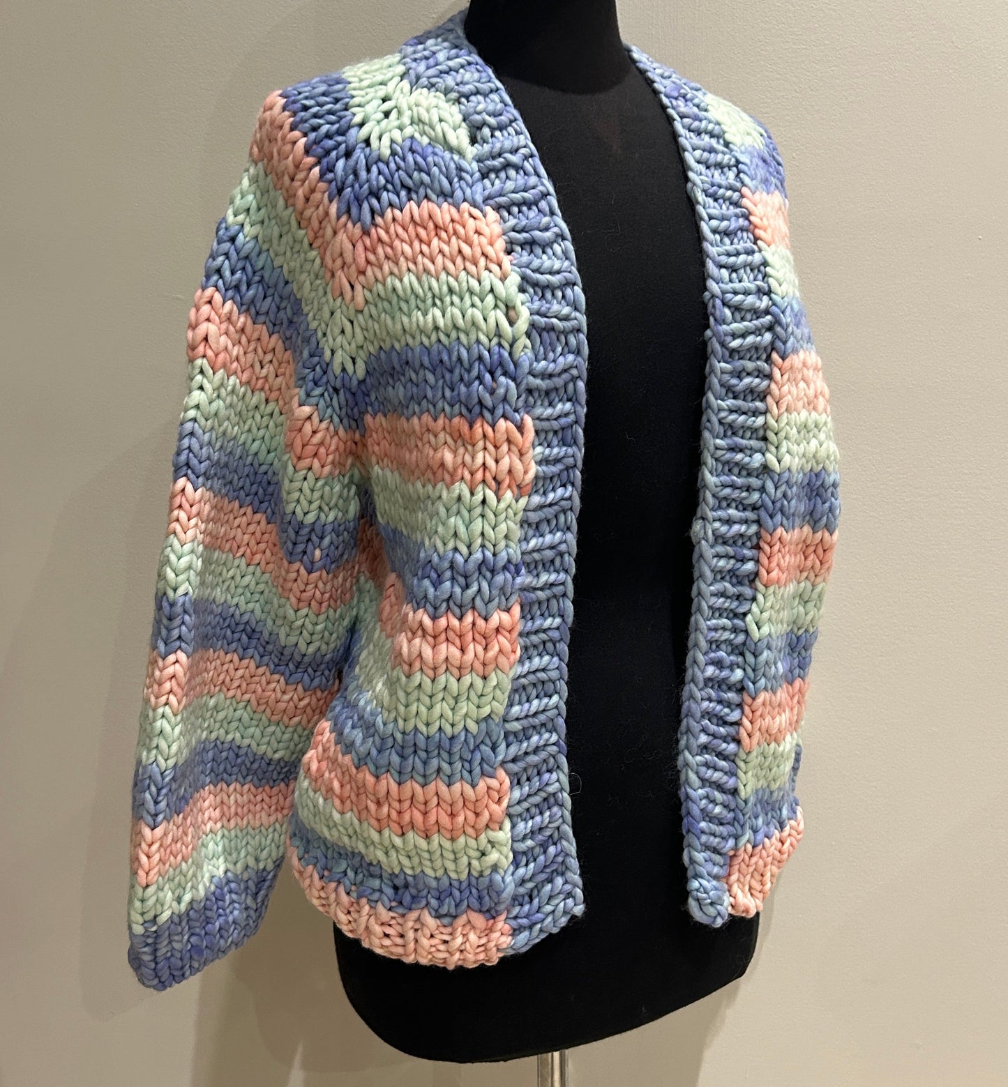 In To The Woods Cardigan- Cucumber, Aquamarine & Almond Blossom in MEDIUM