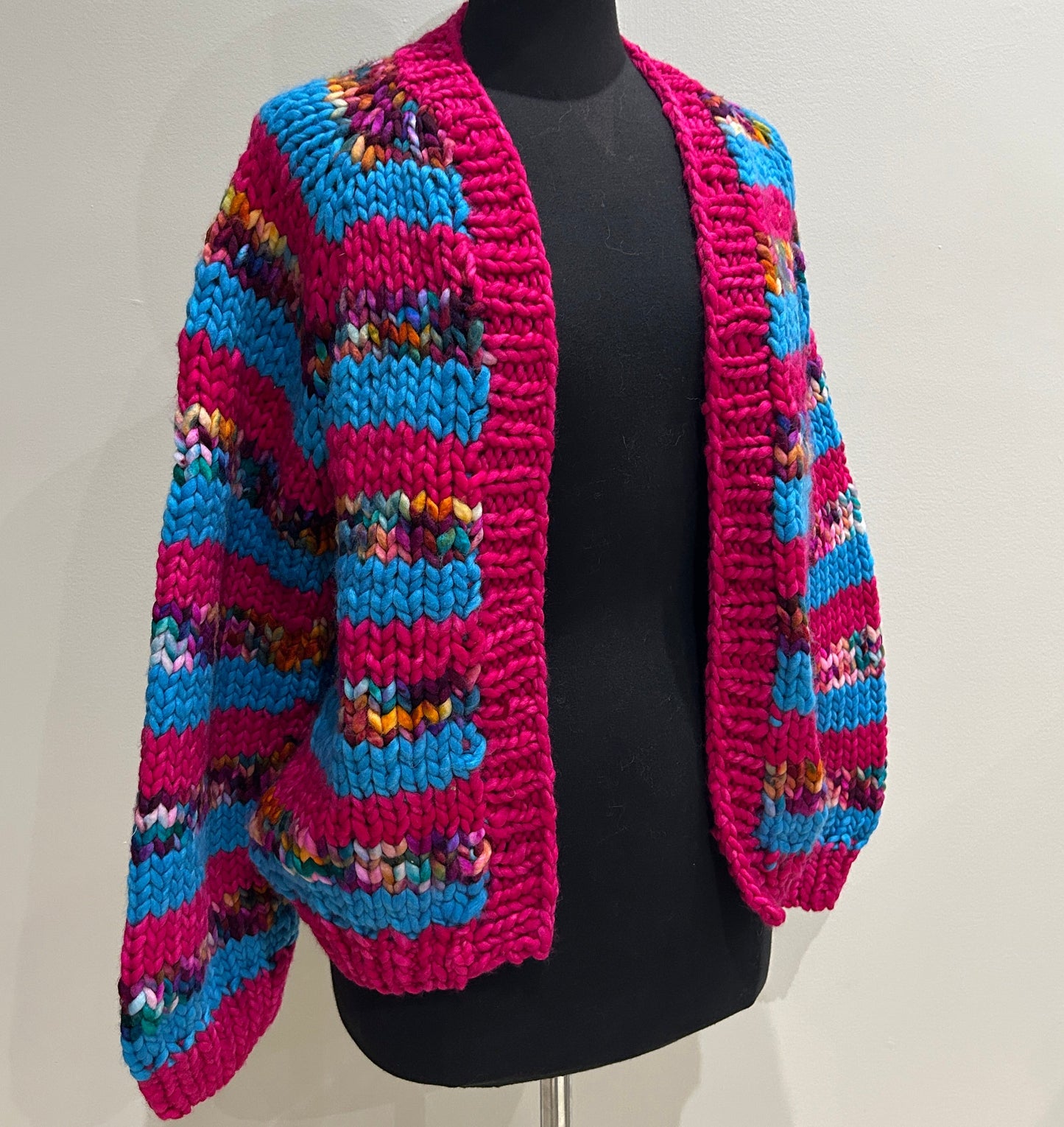 In To The Woods Cardigan- Blue, Fuchsia & "Shits & Giggles" LARGE