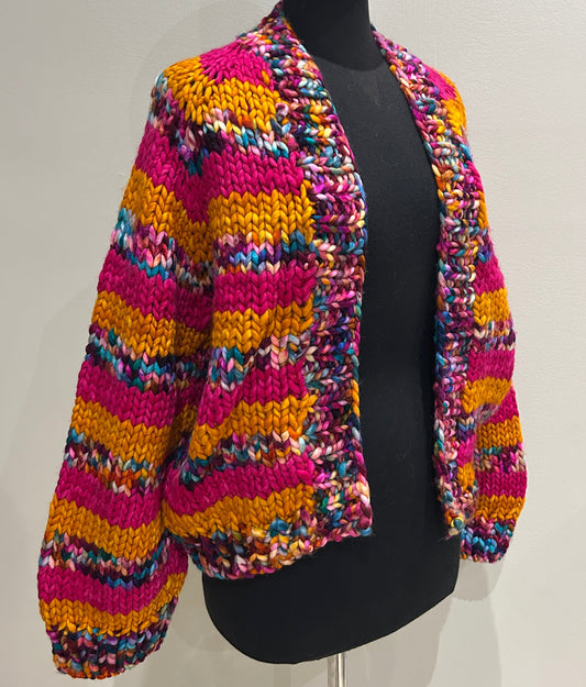 In To The Woods Cardigan- Orange, Fuchsia & "Shits & Giggles" LARGE