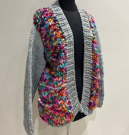 In To The Woods Cardigan- "Shits N Giggles" & Cape Cod Grey - LARGE